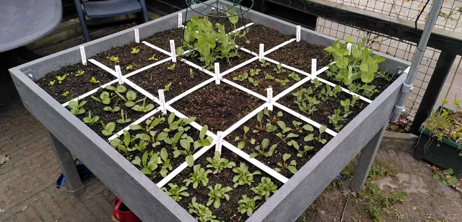 elevated square foot garden with labels