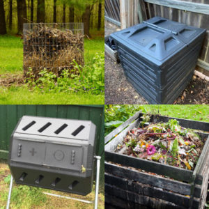 Compost containers can be homemade or store bought.