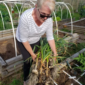 Debra Stuart planting garlic testimonial photo for online gardening course