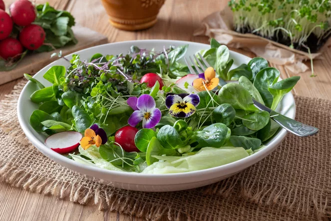 edible flowers in a salad