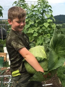 Boy showing a cabbage he grew in a square foot garden.